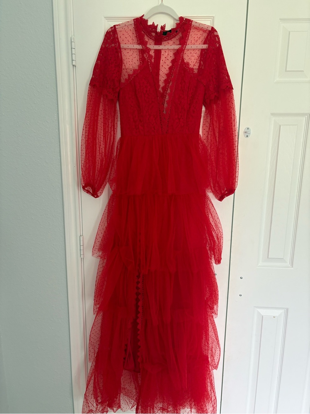 SHEIN Red Tiered Lace & Tulle Maxi Dress